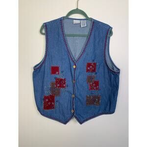 Vintage Bobbie Brooks Denim Flower Patchwork Embroidered Folk Art Vest, Size XL